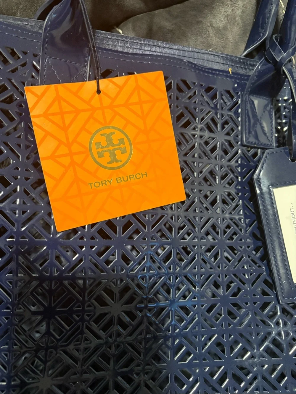 Tory Burch Navy Laser-Cut Leather Tote with Tag